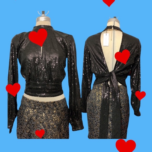 *NEW* DYNAMITE Black Long Sleeves Open Back Sequins Luxury Top Size M - Picture 3 of 13
